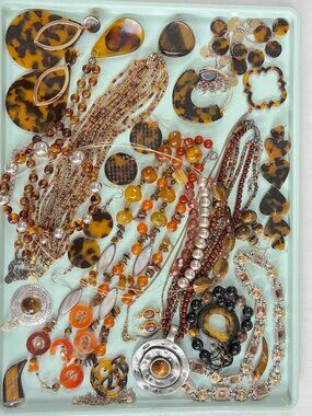 Jewelry Lot Tiger's Eye Tortoise Shell  Wearable Craft Gold/Silver Tone 25 pcs.
